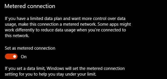 Turn on Metered Connection Windows 10