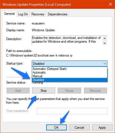 Disable Windows Update Service Windows 10