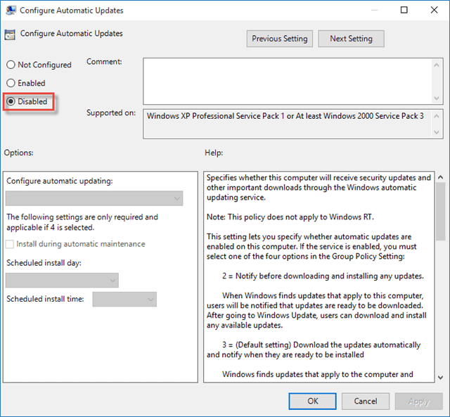 Disable Automatic Updates in Windows 10