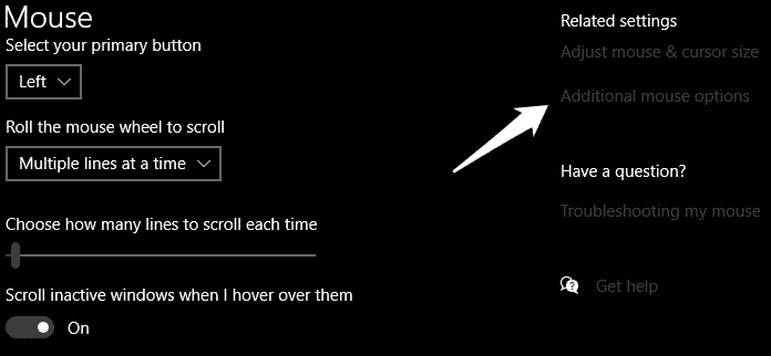 Additional mouse options windows 10